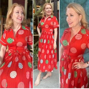 HUNTER BELL Midi Dress- Collared Waist Tie and pleated lower half-LIKE NEW